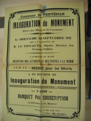 Plaque commémorative, Inauguration du monument aux Morts